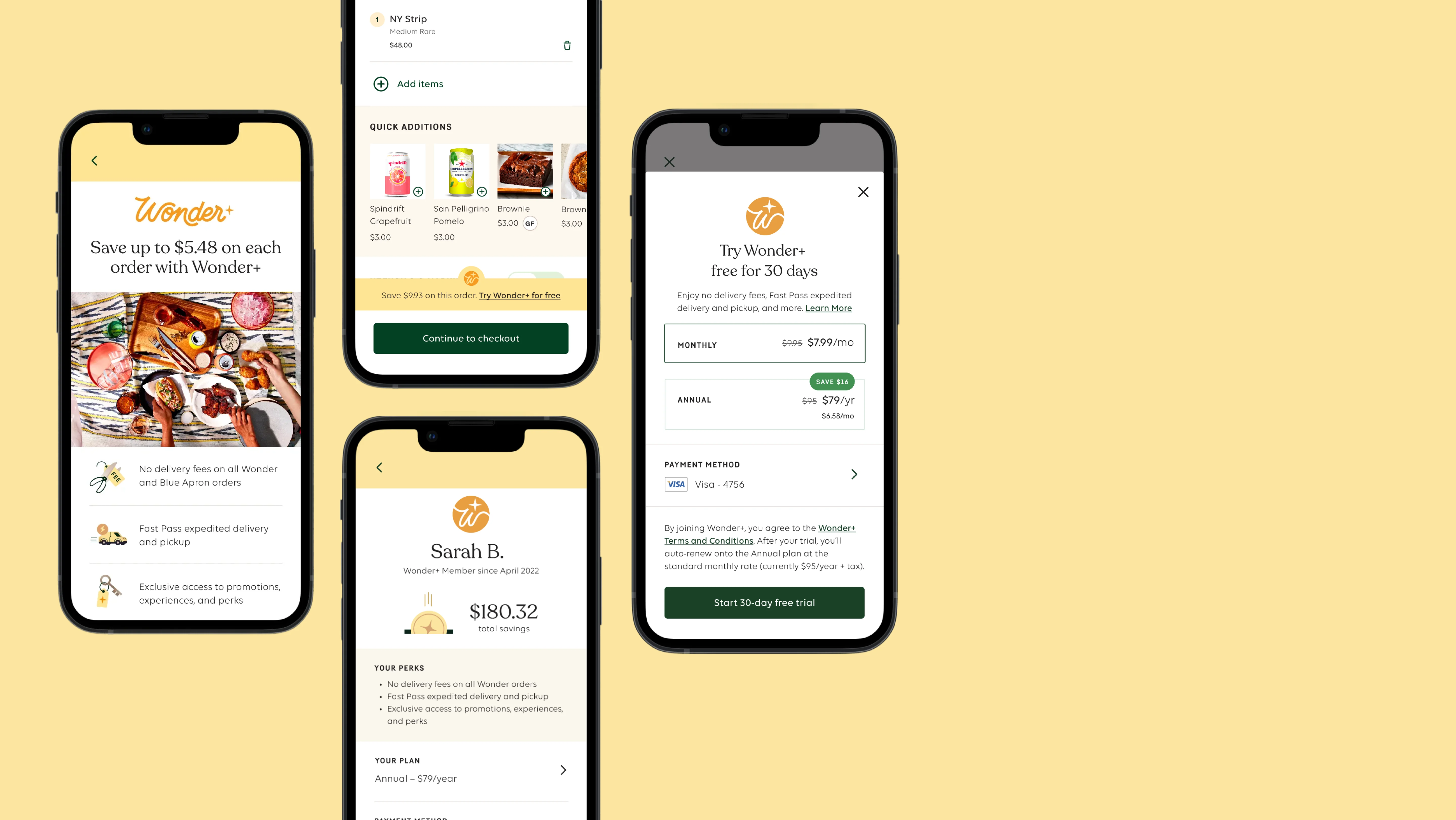 Wonder+ membership phone screens